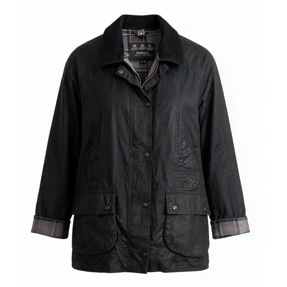 Barbour Beadnell Black Wax Jacket UK 20 US 16 Countrycore Tartan Lined Coat